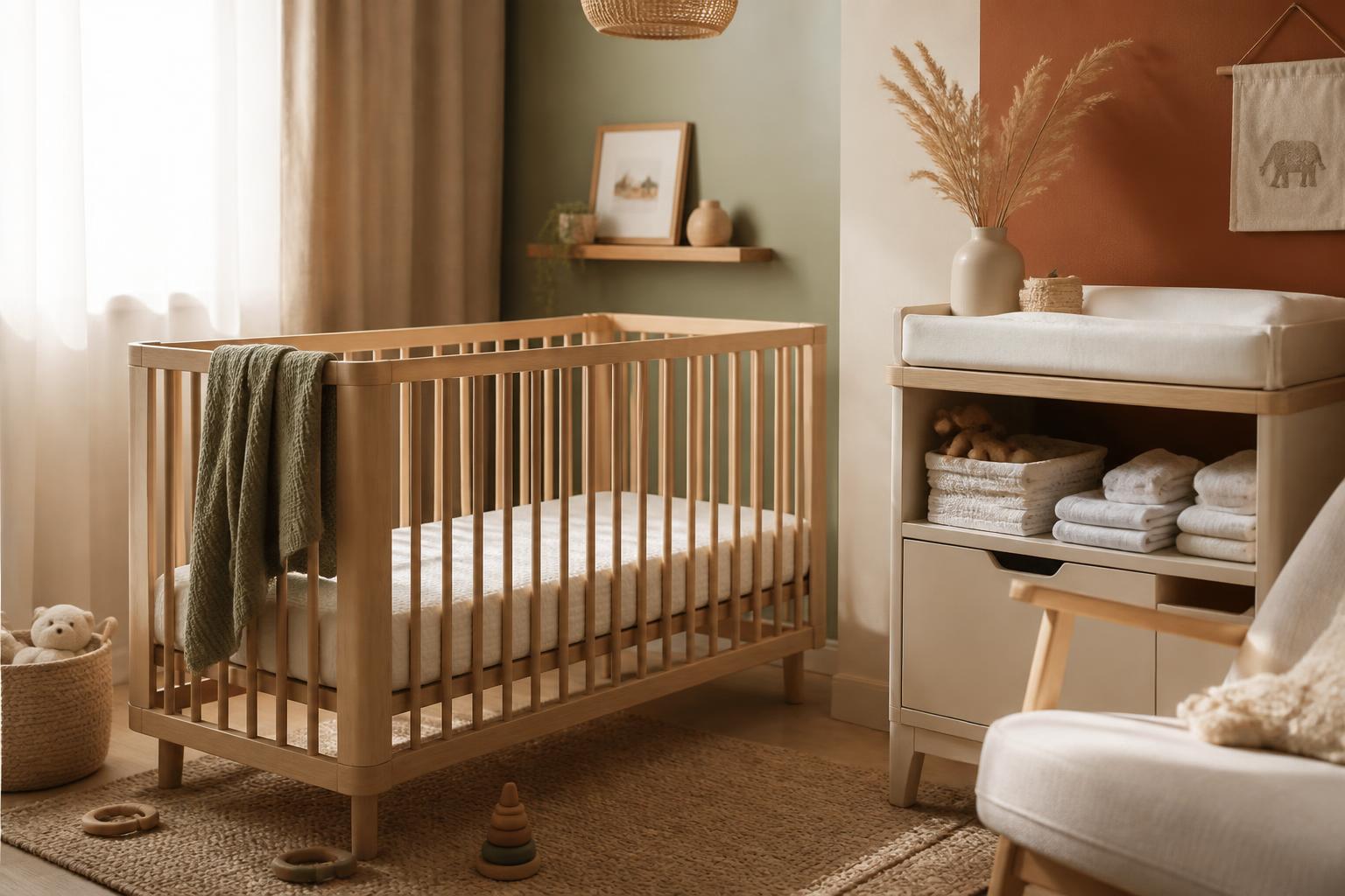 Lys nordisk babystue med tremmeseng, åndbar madras og pusleplads