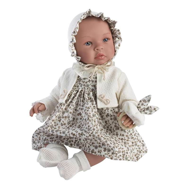 Leonora Dukke   46 Cm.   Brunblomstret Kjole Og Creme Cardigan fra Asi